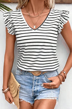 Load image into Gallery viewer, Tied Striped V-Neck Cap Sleeve T-Shirt