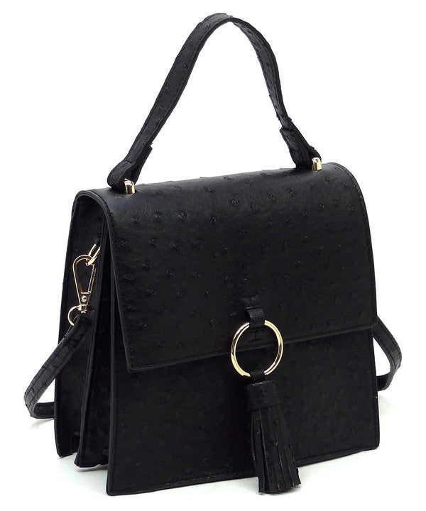 Ostrich Ring Tassel Flap Crossbody Satchel