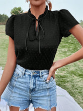 Load image into Gallery viewer, Frill Swiss Dot Tie Neck Short Sleeve Blouse
