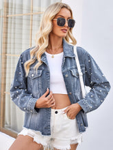 Load image into Gallery viewer, Pearl Trim Raw Hem Denim Jacket
