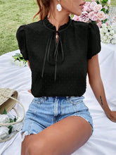 Load image into Gallery viewer, Frill Swiss Dot Tie Neck Short Sleeve Blouse
