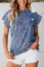 Load image into Gallery viewer, Pearl Trim Round Neck Cap Sleeve Denim Top
