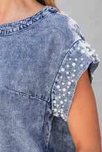 Load image into Gallery viewer, Pearl Trim Round Neck Cap Sleeve Denim Top
