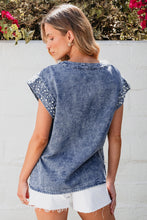 Load image into Gallery viewer, Pearl Trim Round Neck Cap Sleeve Denim Top
