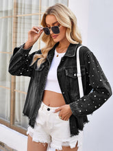 Load image into Gallery viewer, Pearl Trim Raw Hem Denim Jacket
