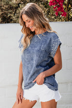 Load image into Gallery viewer, Pearl Trim Round Neck Cap Sleeve Denim Top
