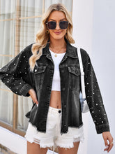 Load image into Gallery viewer, Pearl Trim Raw Hem Denim Jacket
