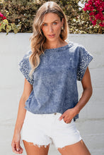 Load image into Gallery viewer, Pearl Trim Round Neck Cap Sleeve Denim Top
